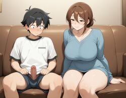 ai_generated blush blush boy clothed_female_nude_male embarrassed erect_penis erection exhibitionism exhibitionist exposed_penis huge_breasts looking_at_penis mother mother_and_child mother_and_son older_female older_female_and_younger_male penis_out penis_out_of_pants penis_out_of_shorts penis_out_of_underwear short_hair showing_penis sitting sitting_on_couch teen teen_boy teenage_boy teenager young younger_male