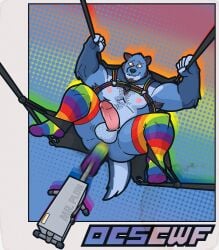 absurd_res anthro armpit_hair artist_collaboration barazoku beard black_body black_fur blue_background blue_body blue_fur bodily_fluids body_hair border clothed clothing facial_hair footwear fucking_machine fur genital_fluids genitals gulonine halftone halftone_background harness hi_res leaking_precum lgbt_pride looking_at_viewer machine male mammal motion_blur muscular muscular_anthro muscular_male mustelid musteline nipples orange_border orange_eyes outcast-stars partially_clothed pattern_background pecs penis precum pride_color_clothing pride_color_footwear pride_color_harness pride_color_socks pride_colors rainbow_background rainbow_pride_colors restraints sex_swing simple_background slight_smile smile smirk socks solo tail thick_arms thick_thighs weyland_here wolverine