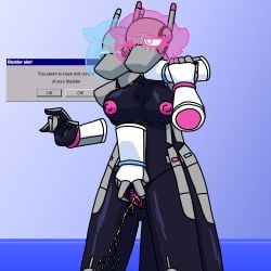 abstract_background android antennae_(anatomy) asphyxiation blue_hair blush bodily_fluids choking duo error_message female female/female fingering floating_hands genital_fluids genitals hair holographic_hair machine magik_woman merulene_(magik_woman) peeing pink_hair robot selfcest sex_robot spread_vulva spreading square_crossover urine vaginal vaginal_fingering vulva watersports