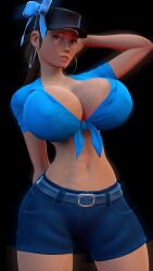 3d 4k absurd_res black_background blue_eyes breasts breasts_bigger_than_head brown_hair curvy_figure f4 female femscout femscout_(alt_design) glasses hand_on_head hat huge_breasts light-skinned_female looking_at_viewer poster solo solo_female source_filmmaker team_fortress_2 thick_thighs