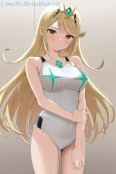 1girl 1girls ai_generated bare_arms bare_shoulders blonde_hair blush breasts chest_jewel closed_mouth collarbone commentary_request competition_swimsuit core_crystal cowboy_shot drop_earrings earrings female female_focus female_only gem gradient_background headpiece holding_own_arm jewelry large_breasts long_hair looking_at_viewer mythra mythra_(xenoblade) nintendo one-piece_swimsuit solo stable_diffusion striped_one-piece_swimsuit swept_bangs swimsuit thighs tiara very_long_hair white_one-piece_swimsuit xenoblade_(series) xenoblade_chronicles_(series) xenoblade_chronicles_2 yellow_eyes zelanell