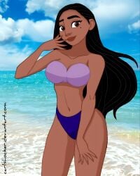 2025 ai_generated beach_background belly black_eyebrows black_hair_female blue_bikini_bottom brown_body brown_eyes_female brown_skin carlshocker deviantart disney dot_face encanto hand_on_face hand_on_leg isabela_madrigal meta not_porn purple_bikini_top red_lipstick tummy walt_disney_animation_studios walt_disney_pictures