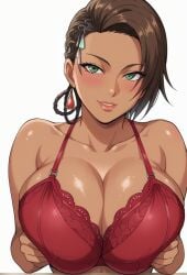 abs ai_generated azucena_milagros_ortiz_castillo bandai_namco big_breasts breasts brown_hair cleavage curvy curvy_female curvy_figure dark-skinned_female dark_skin earrings female flower_in_hair gloves green_eyes hair_ornament latina looking_at_viewer namco office_clothing peruvian peruvian_female pose seductive short_hair solo standing style sweat tan-skinned_female tan_skin tekken tekken_8 video_game_character voluptuous voluptuous_female wide_hips