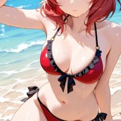 2025 ai_generated beach_background belly hand_on_head instagram meta not_porn red_bikini red_hair_female sitting_on_ground teeth_showing ten01c tummy unknown_character wet_bikini wet_body wet_skin