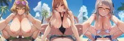 3boys 3girls ai_generated anis_(nikke) bare_shoulders beach between_breasts bikini bikini_bottom_aside black_one-piece_swimsuit blonde_hair blue_sky blush breasts breasts_out breath brown_eyes brown_hair clenched_teeth closed_mouth clothes_pull clothing clothing_aside cloud collarbone competition_swimsuit cowgirl_position dark-skinned_male dark_skin day erection eyewear eyewear_on_head female glasses goddess_of_victory:_nikke green_eyes grey_hair hair_ornament hanging_breasts happy_sex huge_breasts large_breasts long_hair looking_at_viewer male male_swimwear medium_hair multiple_boys multiple_girls navel neon_(nikke) nipples nude ocean official_alternate_costume on_top one-piece_swimsuit orgy outdoors over-rim_eyewear palm_tree penis pink_bikini pov_crotch pubic_hair pussy rapi_(nikke) red_eyes sex shaddai short_hair shorts sky slingshot_swimsuit smile spread_legs squatting_cowgirl_position straddling straight sunglasses sweat swim_trunks swimsuit swimsuit_aside teeth tinted_eyewear tree vagina vaginal_penetration yellow_eyes