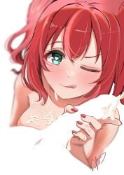 1b1boy 1boy1girl 1girls after_handjob blush blush_face blushing_at_viewer blushing_female blushing_lines breasts collarbone completely_naked completely_naked_female completely_nude completely_nude_female cum cum_drip cum_dripping_from_penis eye_closed female female_focus fingernails fully_naked fully_nude green_eyes green_eyes_female hair_between_eyes hand_on_penis handjob heart-shaped_pupils heart_eyes high_resolution high_school_student highres kurosawa_ruby lips long_hair looking_at_viewer looking_up looking_up_at_viewer love_live! love_live!_nijigasaki_high_school_idol_club male nail_polish nails naked naked_female naked_woman nude nude_female nudity one-eye_closed one_eye_closed one_eye_open penis_on_hand red_fingernails red_hair red_hair_female red_nail_polish red_nails school_girl shoulders simple_background stroking_penis teen_girl teenage_girl teenager topless topless_female upper_body whin white_background young_female young_woman
