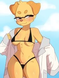 anthro aoizuri bikini biped black_bikini black_clothing black_swimwear blush breasts brown_eyes canid canine canis clothed clothing coat domestic_dog dr._jennifer_dogna eyelashes eyewear female glasses hi_res lab_coat labcoat mammal nickii pixile_studios pupils smile solo super_animal_royale swimwear thick_thighs topwear two-piece_swimsuit