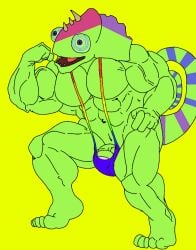 anthro_on_anthro bara biceps blue_mankini blue_sclera buff bulge bulge_through_clothing bulge_through_swimsuit bulge_through_underwear bulge_under_clothes bulge_under_swimsuit chameleon chameleon_humanoid chameleon_tail color colored colored_mankini colored_skin colored_tail ethereal ethereal_island ethereal_monster flex flexing flexing_arm flexing_muscles gay green_body green_mankini green_skin imageboard kazilleon kazilleon_(my_singing_monsters) lime_background lizard mankini muscular muscular_male orange_mankini pecs penis purple_eyes purple_mankini purple_pupils red_mankini sexuality_mankini sexy smiling thong traced traced_art yellow_background yellow_mankini