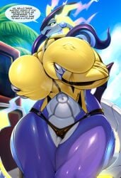 2025 ancient_pokemon anthro big_breasts bikini bikini_bottom breasts camel_toe clothing dragon female future_pokemon generation_9_pokemon genitals hi_res legendary_pokemon looking_at_viewer miraidon mleonheart mythological_creature mythological_scalie mythology nintendo nipples paradox_pokemon pokemon pokemon_(species) scalie solo swimwear thick_thighs two-piece_swimsuit vulva