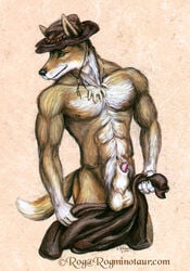 4_fingers anthro black_nose canine closed_mouth color dingo front_view fur furry furry_ears furry_tail green_eyes hat looking_right male male_only open_eyes penis pointy_ears sheath solo standing tail tan_fur testicles topless white_fur