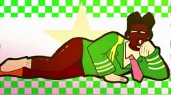 big_thighs black_hair black_man chromakopia dark-skinned_male earrings green_background green_clothing green_suit half-dressed half_nude laying_down laying_on_side one_male one_man pink_tie sexy_pose sfw shiny_thighs socks suit tie tyler_the_creator