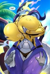 2025 ancient_pokemon anthro big_breasts bikini bikini_bottom breasts camel_toe clothing disembodied_hand dragon female future_pokemon generation_9_pokemon genitals hand_on_leg hand_on_thigh hi_res legendary_pokemon looking_at_viewer miraidon mleonheart mythological_creature mythological_scalie mythology nintendo nipples paradox_pokemon pokemon pokemon_(species) scalie solo swimwear thick_thighs two-piece_swimsuit vulva