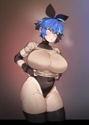 1girls adjusting_clothes ahoge belly black_leotard black_thighhighs blue_hair blush bow_hairband breasts bridal_gloves covered_navel curvy curvy_female dif_(difman) difman elbow_pads female huge_breasts large_breasts leotard leotard_under_clothes original pussy_juice_drip solo sweat sweater thick_thighs thighhighs yellow_eyes