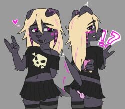 5_fingers alerted alternative_fashion anthro ass ball_bulge black_body black_nails blonde_hair blush blush_lines bottomwear bulge bulge_from_behind canid canine canis clothed clothing clothing_lift colored_nails domestic_dog ear_piercing embarrassed facial_piercing femboy fingers floppy_ears front_and_back hair hi_res hiding_object_behind_back legwear lip_piercing looking_at_viewer male mammal midriff nails navel nsfwbunniii off_shoulder panties pattern_clothing piercing pink_clothing pink_panties pink_underwear skirt skirt_lift snaggle_tooth snakebite_piercing solo striped_clothing stripes thigh_highs underwear vape wardrobe_malfunction