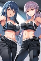 2girls ai_generated alternate_eye_color bare_shoulders belt big_breasts black_gloves black_pants black_strapless danganronpa danganronpa:_trigger_happy_havoc disgusted evil evil_smile female from_below hand_on_own_hip kirigiri_kyouko laugh leather long_pants looking_at_viewer maizono_sayaka midriff nai_diffusion pov red_eyes shadowed_eyes stable_diffusion strapless