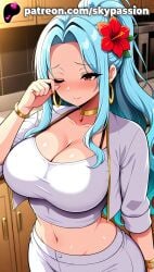 1girls 2025 ai_assisted ai_generated anime artist_name bangle big_breasts big_chest blue_hair blush bracelet breast breasts brown_eyes bust busty chest choker cleavage clothed_female clothing collarbone earrings female female_focus female_only flower hair_flower hair_ornament hi_res hibiscus high_quality high_resolution highres hoop_earrings jewelry large_breasts long_hair midriff navel nefertari_vivi nose_blush one_eye_closed one_piece patreon patreon_username piercing red_flower skypassion solo stable_diffusion watermark white_pants