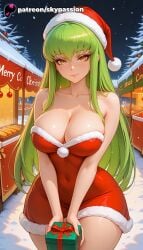 1girls 2025 ai_assisted ai_generated animal_costume anime artist_name bell bobblehat box breasts bust c.c. carrying_over_shoulder christmas christmas_lights christmas_ornaments city_lights cleavage code_geass explicit fake_facial_hair fireplace fur-trimmed_legwear fur_trim gift gift_box green_hair hat hi_res high_quality high_resolution highres looking_at_viewer merry_christmas night night_sky ornament patreon patreon_username pom_pom_(clothes) red_capelet red_dress skypassion snow snowflakes solo stable_diffusion watermark window wreath