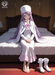 1girls ai_generated anastasia_hoshin barefoot dress feet female full_body fur_hat indoors looking_at_viewer on_bed re:zero_kara_hajimeru_isekai_seikatsu seacreator sitting skinny skinny_girl small_breasts subscribestar subscribestar_logo subscribestar_username toes unworn_shoes