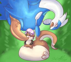 2019 animal_genitalia anthro anthro_on_feral anthro_penetrated azulatios berry_ranieri big_penis blue_body blue_eyes blush blush_lines brown_body brown_fur collar duo ear_piercing ear_ring erection fellatio female female_penetrated feral feral_penetrating feral_penetrating_anthro fur generation_3_pokemon genital_slit genitals inflation interspecies latios legendary_pokemon looking_pleasured male male/female male_penetrating male_penetrating_female mammal mustelid nintendo open_mouth oral oral_only oral_penetration otter penetration penile penis penis_in_mouth piercing pokemon pokemon_(species) prehensile_penis ring_piercing sex signature simple_background size_difference story story_in_description sucking tail xilrayne zoophilia