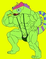 anthro_on_anthro bara biceps blue_sclera buff bulge bulge_through_clothing bulge_through_swimsuit bulge_through_underwear bulge_under_clothes bulge_under_swimsuit chameleon chameleon_humanoid chameleon_tail color colored colored_skin colored_tail ethereal ethereal_island ethereal_monster flex flexing flexing_arm flexing_muscles gay green_body green_mankini green_skin green_thong imageboard kazilleon kazilleon_(my_singing_monsters) lime_background lizard mankini muscular muscular_male pecs penis purple_eyes purple_pupils sexy smiling thong traced traced_art yellow_background