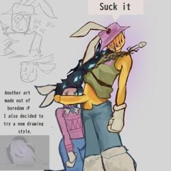1boy 1other balls big_penis blowjob chat_bubble clothed easter_noob english_text forsaken_(roblox) gay gay_male john_doe_(forsaken) john_doe_(roblox) male meme_in_the_background noob noob_(forsaken) noob_(roblox) penis penis_out poached_john_doe randddd3321 roblox roblox_game robloxian self_upload tagme text white_fur yellow_skin