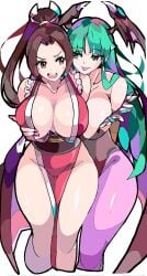 2girls :p absurdres bare_shoulders black_leotard breasts brown_hair capcom cleavage clothing cropped_legs crossover darkstalkers demon_girl demon_wings dress embarrassed enpe fatal_fury female female_focus fur_trim green_eyes green_hair groping head_wings highres japanese_clothes king_of_fighters kunoichi large_breasts leotard long_hair looking_at_another looking_at_each_other looking_back mai_shiranui matching_hair/eyes morrigan_aensland multiple_girls nervous_sweat ninja open_mouth pantyhose pelvic_curtain pink_nails ponytail purple_pantyhose revealing_clothes seductive_look snk succubus sweatdrop thighs v-shaped_eyebrows vampire_(game) white_background wings yuri