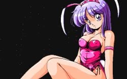 1990 1990s 1girls black_background breasts bunny_ears bunnysuit cleavage clothed clothing custom_(company) cyberblock_metal_orange female female_only game_cg light-skinned_female light_skin mika_(cyberblock_metal_orange) nipple_bulge pc88 pc98 pixel_art purple_eyes purple_hair screenshot solo solo_female