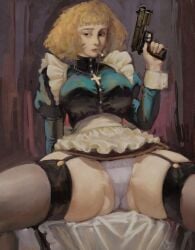 ass_visible_through_thighs big_breasts casato dress female garter_straps gun legs_apart panties pistol sitting thick_thighs thighhighs