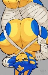 1girls animal_crossing ankha anthro areolae bandage bandaged_arm bandaged_leg bandages blue_hair blue_nipples busty cat_ears cleavage egyptian eyebrows_visible_through_hair feline female female_only fur furry grey_background huge_breasts idlepotoo looking_at_viewer one_eye_closed short_hair solo thick_thighs yellow_body