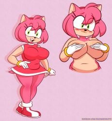 amy_rose big_areola big_breasts blush boots bracelets brown_nipples chubby_female covered_nipples dress feathersbutts furry gloves nervous_smile nude nude_female sega sonic_(series)