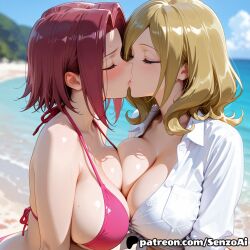 2girls ai_generated big_breasts bikini blonde_female blonde_hair blush breast_press breasts busty cleavage closed_eyes code_geass curvy female female/female female_only hi_res kallen_stadtfeld kissing large_breasts lesbian_kiss light-skinned_female light_skin medium_hair milly_ashford outdoors pink_bikini public red_hair senzoai short_hair tagme teenager tied_shirt yuri