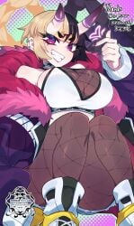 1girls ayaka_(athighhighguy) big_breasts black_hair blonde_hair braided_hair clothing eyelashes female female_only fishnet_pantyhose grin grinning_at_viewer hi_res jacket jacket_off_shoulders looking_at_viewer oni oni_female oni_horns pantyhose purple_eyes smiling smiling_at_viewer solo tied_hair tomoyohi two_tone_hair