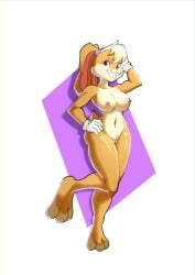 absurd_res anthro areola black_eyes blonde_hair buckteeth clothing eyelashes eyeshadow female floppy_ears front_view fur genitals gloves hair hand_behind_head hand_on_hip handwear head_tuft hi_res lagomorph leporid lola_bunny looking_at_viewer looney_tunes lop_ears makeup mammal navel navel_piercing nipple_piercing nipples notilustregui nude orange_body orange_fur piercing pink_areola pink_eyeshadow pink_nipples pink_nose purple_background pussy rabbit scut_tail short_tail simple_background smile solo tail tan_body tan_fur teeth thick_thighs tuft warner_brothers white_background white_clothing white_gloves white_handwear wide_hips