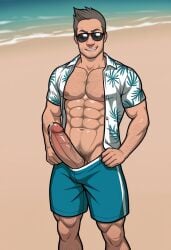 ai ai_generated beach beach_clothes big_penis civitai couch criminal_case daddy david_jones dilf gay hairy_male huge_cock large_penis male male_focus male_only manly muscular muscular_male open_shirt shorts sitting smirk solo_male stubble sunglasses