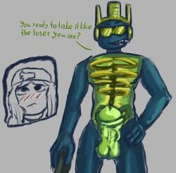 1boy artist_self-insert balls creamyleather dialogue domino_crown english_text exec_(the_battle_bricks) male oc penis roblox roblox_avatar roblox_game robloxian see-through_body self_upload sunglasses tagme text the_battle_bricks translucent_body transmasc visible_skeleton zipper_mouth
