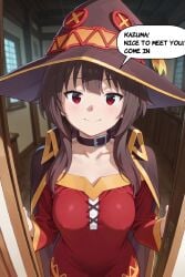 ?, ai_generated comic female kono_subarashii_sekai_ni_shukufuku_wo! megumin normal_breasts red_dress red_eyes short_hair standing text text_bubble
