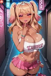 ai_generated bag bangs bare_shoulders belt bimbo bimbofication blonde_hair blush bracelet breasts brown_eyes choker cleavage cowboy_shot dark-skinned_female dark_skin earrings english_text eyeshadow female finger_to_mouth fishnet_thighhighs fishnets gyaru handbag heart heart_choker heart_earrings highleg highleg_panties holding huge_breasts jewelry kujikawa_rise large_breasts lips lipstick long_hair looking_at_viewer makeup microskirt midriff nail_polish naughty_face navel navel_piercing panties parted_lips patreon_username persona persona_4 piercing pink_choker pink_nails pink_skirt pleated_skirt prostitution ring seductive_smile shiny_skin shushing skindentation skirt smile solo standing tan tanlines tgv9173 thighhighs thong thong_above_skirt tube_top twintails two_side_up underwear