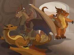 4:3 all_fours claws dragon duo feral hi_res inside lying male mcfan mudwing_(wof) mythological_creature mythological_scalie mythology on_back open_mouth sandwing_(wof) scalie sitting wings wings_of_fire