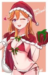 1girls bare_belly bare_chest bare_hips bare_legs bare_midriff bare_navel bare_skin bare_thighs bikini bikini_bottom bikini_only bikini_top blush blush_face blushing_at_viewer blushing_female blushing_lines christmas christmas_clothing christmas_hat christmas_headwear christmas_outfit christmas_present exposed_belly exposed_chest exposed_hips exposed_legs exposed_midriff exposed_navel exposed_skin exposed_thighs eye_closed female gloves happy hat high_school_student love_live! love_live!_superstar!! medium_breasts one_eye_closed one_eye_open open_mouth open_mouth_smile orange_background orange_eyebrows orange_hair orange_hair_female parted_lips purple_eyes purple_eyes_female school_girl shibuya_kanon side-tie_bikini string_bikini swimsuit swimwear teen_girl teenage_girl teenager tongue upper_teeth whin wink winking winking_at_viewer winking_eye young_female young_woman