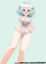 1girls absurd_res absurdres ahoge antenna_hair blue_eyes blue_eyes_female blush blush_face blushing_at_viewer blushing_female breasts collarbone embarrassed embarrassed_expression embarrassed_female female female_focus female_only fingers green_background groin hair_ornament hair_ornaments hair_ribbon high_resolution highres knees lean_figure lio_wart looking_at_viewer looking_down looking_down_at_viewer medium_breasts medium_hair mint_fantome narrow_waist open_mouth parted_lips pussy ribbon shoulders simple_background slender_body slender_waist slim_waist solo standing thigh_gap thighs tongue twintails twintails_(hairstyle) upper_teeth virtual_youtuber vtuber vtuberfanart wavy_hair white_eyebrows white_hair white_hair_female wide_hips