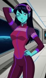 4kids_entertainment ai_generated alien alien_girl ass bigmic145 black_hair blue_eyes blue_skin bodysuit breasts female pointy_ears starlee_hambrath tease teasing teenage_mutant_ninja_turtles teenage_mutant_ninja_turtles_(2003) tmnt tmnt_2003