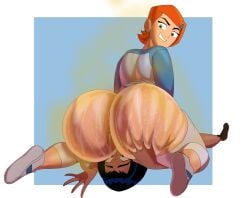 2girls ben_10 big_ass facesitting green_eyes gwen_tennyson kai_green mrwastemaster orange_hair stinky_ass suffocating swamp_ass sweaty sweaty_butt tanned_female