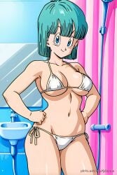 ai_generated bangs bathroom bikini blue_eyes blue_hair breasts bulma_briefs closed_mouth cowboy_shot dragon_ball dragon_ball_z hand_on_hip hands_on_hips large_breasts looking_at_viewer navel pinku.ai short_hair side-tie_bikini smile standing swimsuit underboob white_bikini white_side-tie_bikini
