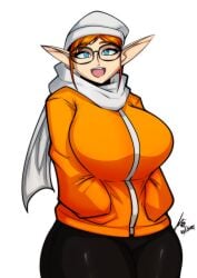 beanie beanie_hat big_breasts blue_eyes breasts_bigger_than_head elf elf_ears elf_female ginger ginger_hair glasses hands_in_pockets happy hat jumper no_background pointy_ears scarf sexualyeti short_hair smile solo solo_focus sweat_pants sweater thick_thighs wide_hips yoga_pants