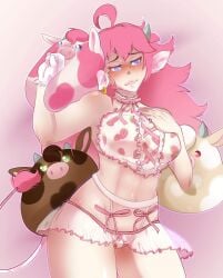 blush blush cow_ears cow_girl cow_horns cow_print cow_print_lingerie gloves lady_guenivere(vtuber) lingerie lingerie_only long_hair pink_hair plushie purple_eyes white_gloves