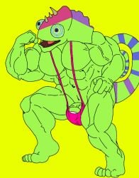 anthro_on_anthro bara biceps blue_sclera buff bulge bulge_through_clothing bulge_through_swimsuit bulge_through_underwear bulge_under_clothes bulge_under_swimsuit chameleon chameleon_humanoid chameleon_tail color colored colored_skin colored_tail ethereal ethereal_island ethereal_monster flex flexing flexing_arm flexing_muscles gay green_body green_skin imageboard kazilleon kazilleon_(my_singing_monsters) lime_background lizard magenta_mankini mankini muscular muscular_male pecs penis pink_mankini pink_thong purple_eyes purple_pupils sexy smiling thong traced traced_art yellow_background