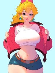 1girls 2025 big_breasts blonde_hair blue_eyes bow breasts clothed clothing digital_media_(artwork) earrings female female_only fully_clothed g-string greaterkeytattoos large_breasts looking_at_viewer mario_(series) mario_kart mario_kart_world nail_polish no_visible_genitalia official_alternate_costume painted_nails pink_lips pink_nails ponytail princess_peach princess_peach_(touring) shirt shorts solo solo_female thin_waist white_shirt wide_hips