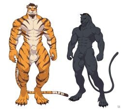 animal_genitalia anthro balls beard_ring big_muscles big_sheath black_body black_fur black_hair black_nose black_spots brown_body brown_fur brown_hair brown_stripes casual_nudity cheek_tuft claws countershading dewclaw dipstick_tail dreadlocks duo ear_piercing ear_ring facial_hair facial_tuft felid fully_sheathed fur genitals green_eyes hair hair_jewelry hi_res inner_ear_fluff jaguar khajiit long_tail looking_at_viewer male male_only mammal markings microsoft muscular muscular_anthro muscular_male nipple_outline nipples nude orange_body orange_eyes orange_fur pantherine pawpads penis penis_tip piercing pink_nose pubes pupils ring_piercing saggy_balls sheath short_hair simple_background slit_pupils spots spotted_body spotted_fur standing striped_body striped_fur stripes suchmim tail tail_markings the_elder_scrolls thick_thighs thin_tail tiger tuft vein veiny_muscles whiskers white_background white_body white_fur