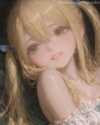 2025 ai_assisted ai_generated artist_name bangs bare_shoulders blonde_hair breasts brown_eyes fairy_tail fairy_tail_100_years_quest female hair_between_eyes hair_ribbon hakariart high_quality high_res high_resolution highres lips long_hair looking_at_viewer lucy_heartfilia parted_lips patreon realistic ribbon smile solo stable_diffusion twintails watermark