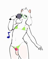 animated anthro bikini bovid caprine chastity_cage chastity_device clothing dancing deltarune goat kinkykong male male_only mammal musical_note musical_symbol open_mouth ralsei short_playtime singing solo_male swimwear symbol two-piece_swimsuit undertale_(series)